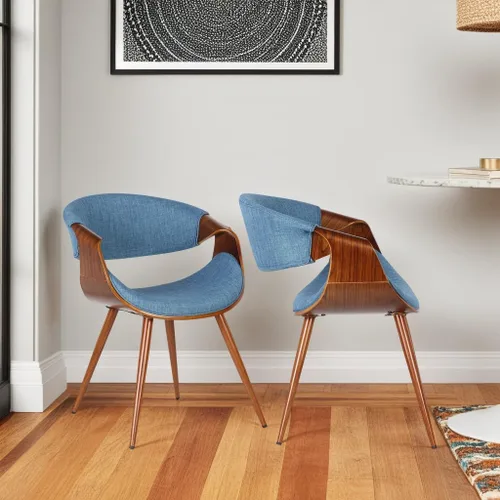 Vista 24 de Armen Living Silla de comedor de mariposa estilo mediados de siglo en acabado de nogal y tela azul - Juego de 4
