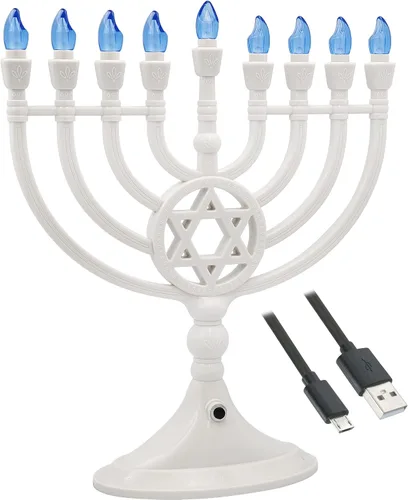 Vista 4 de The Dreidel Company Menorá de Hanukkah eléctrica LED tradicional de oro rosa - Funciona con batería o USB - Incluye un cable de carga micro USB de 4