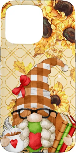Vista 31 de Sunflower Gnome with Books for Tea Lover Librarian Reading Case for iPhone 16