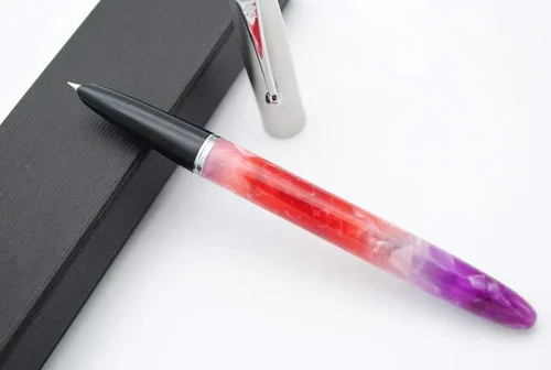 Vista 2 de JINHAO 51A Pluma estilográfica acrílica de celuloide con tapa de acero (rojo fluorescente, punta extrafina, 0.015 in)