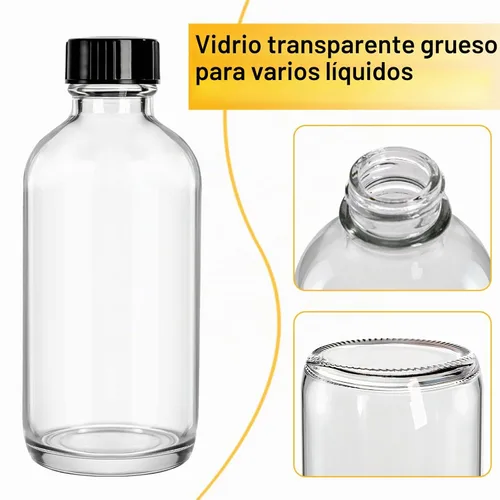 Vista 4 de Bekith Paquete de 24 botellas redondas Boston transparentes con tapa de cono de polietileno negro, botellas de vidrio transparente de 4 onzas