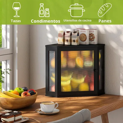 Vista 6 de Caja de pan de esquina BMOSU para encimera de cocina de doble capa de bambú contenedor de pan de madera de gran capacidad (negro, mediano)