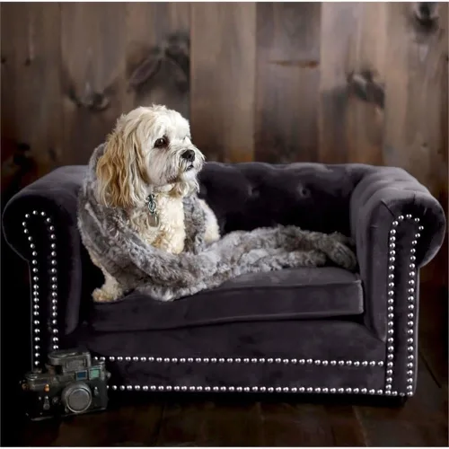Vista 7 de TOV Furniture The Dachshund Collection - Sofá elevado tapizado de terciopelo hecho a mano para mascotas, color gris