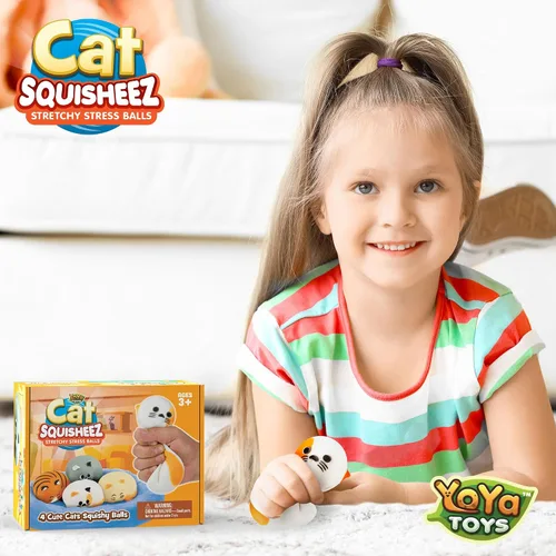 Vista 6 de YoYa Toys Squisheez Cat - Paquete de 4 bolas suaves y esponjosas para aliviar el estrés de gatitos, lindos animales elásticos, juguetes perfectos