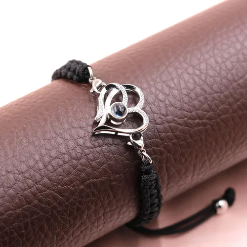 Vista 2 de Pulsera y collar de corazón con dije de proyección en 100 idiomas hechos a mano y collar de doble uso, pulsera de corazón con texto en inglés "I