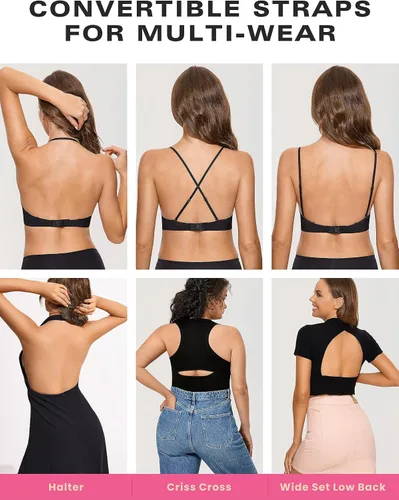 Vista 5 de DOBREVA Women's Backless Bra Low Back Halter Lightly Padded T Shirt Bras Underwire Full Coverage