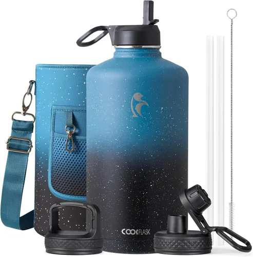 Vista 84 de Coolflask Botella de agua de 20 onzas aislada con pajilla, 3 tapas de metal de acero inoxidable, botella de agua de boca ancha para deportes u