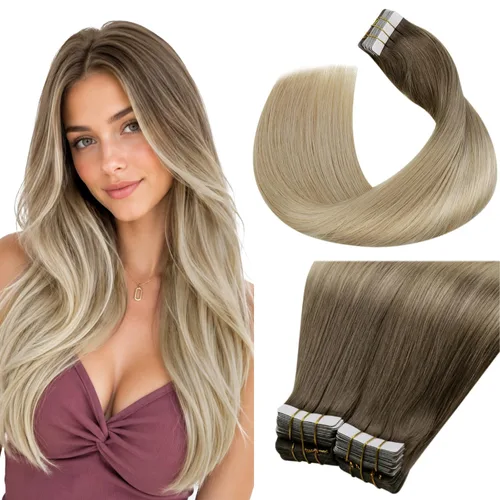 Vista 98 de LaaVoo - Extensiones de cabello humano con cinta adhesiva, color marrón a rubio ceniza, extensiones de cabello humano real, cintas en extensiones