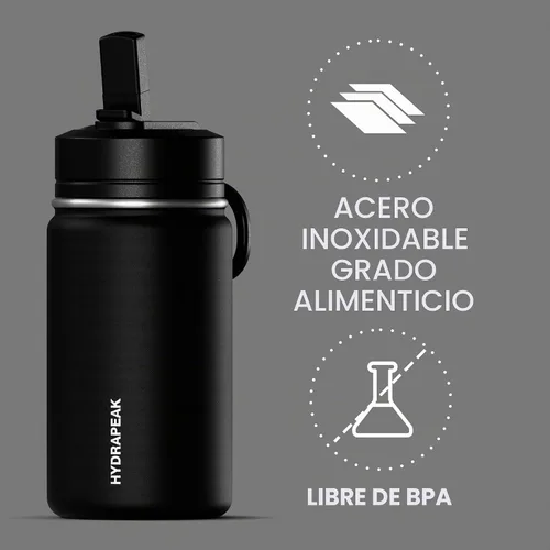 Vista 4 de Hydrapeak Mini botella de agua de 14 onzas con tapa con popote, aislamiento de doble pared de acero inoxidable Botella a prueba de fugas y Negro