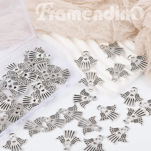 Vista 7 de Framendino, 50 dijes de ángel de plata con alas voladoras para collares, joyas y manualidades
