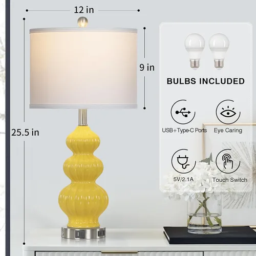 Vista 4 de Rinweey Juego de 2 lámparas de mesa de cerámica de triple calabaza, modernas lámparas de noche amarillas con puertos USB A+C y salida de CA, control