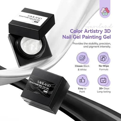 Vista 2 de SAVILAND Juego de gel de uñas de escultura 3D: gel de pintura para esculpir 3D cremoso en blanco y negro para moldear arte de uñas en relieve 3D