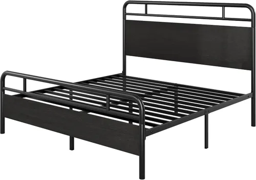 Vista 9 de SHA CERLIN Base de cama tamaño completo con cabecera de madera industrial vintage, plataforma de metal resistente con almacenamiento debajo