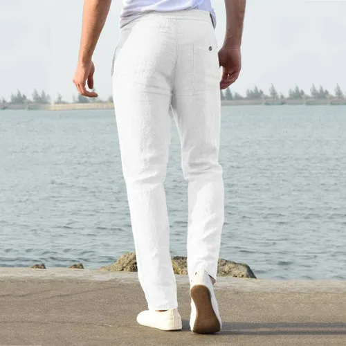 Vista 5 de Pantalones de lino para hombre, ajuste delgado, pantalones casuales de lino para hombre, piernas rectas, cordón elástico, cintura suelta, pantalones
