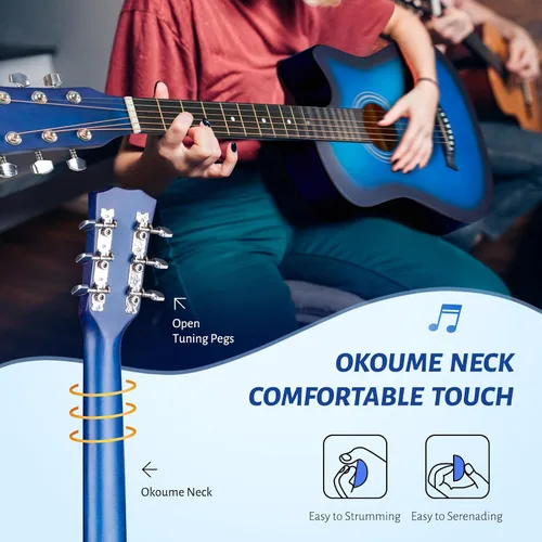 Vista 7 de CAHAYA Guitarra acústica: Juego de iniciación de 96.5 cm con corte para principiantes, de madera, para niños, adolescentes y adultos, con bolsa