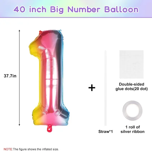 Vista 2 de RUBFAC Globos con números de 40 pulgadas, globo grande de arcoíris con degradado número 1, globos de helio de aluminio de Mylar de 0 a 9 dígitos