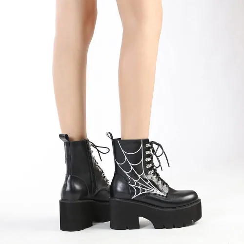 Vista 9 de mikarka Botas de plataforma de cadena para mujer, con cordones y cremallera, tacón grueso, botines de combate negros, botas de motocicleta