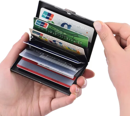 Vista 124 de BONSYL® Soporte para tarjetas de crédito, cartera delgada de metal con bloqueo RFID, con 6 ranuras para tarjetas, para mujeres y hombres.
