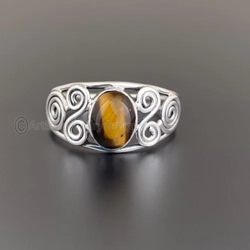 Vista 4 de Tiger Eye Ring Women, 925 Sterling Silver Ring, Handmade Tiger Ring, Minimalist Silver Ring, Tiger Gemstone Ring, Bohemian Ring Women, Tiger Oval