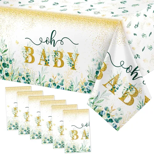 Vista 8 de Tiamon Mantel de 3 piezas de verde salvia para baby shower, 108 x 54 pulgadas, desechable, hojas de eucalipto, mantel rectangular de plástico verde