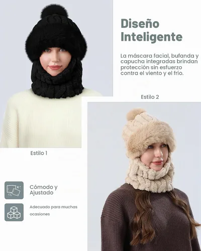 Vista 5 de Winter Hats and Scarf Set for Women One Piece Hat Beanie Negro