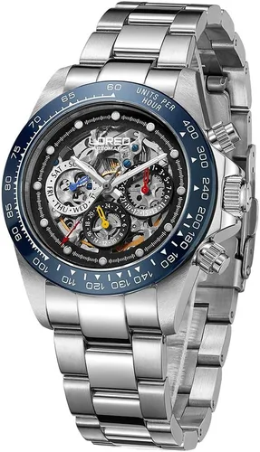 Vista 2 de LOREO Reloj automático para hombre, de acero inoxidable plateado, bisel de cerámica, fecha militar, buceo, impermeable, para hombre