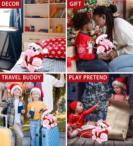 Vista 3 de DolliBu Juguete de peluche de vaca de Papá Noel, súper suave, disfraz de animal salvaje con traje de Papá Noel rojo, lindo regalo de vida silvestre