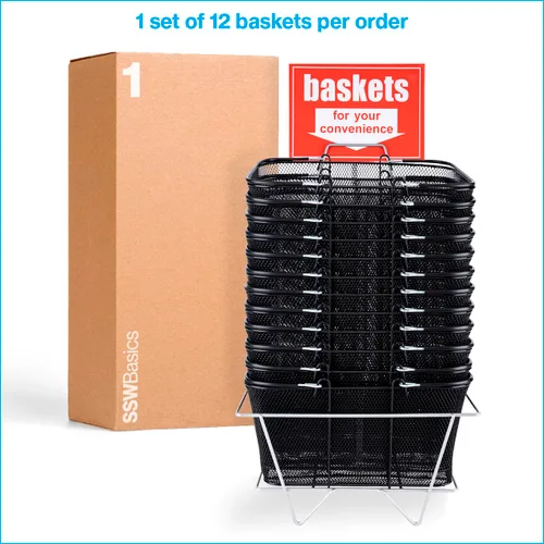 Vista 6 de SSWBasics Cestas de compras de metal negro con soporte y letrero – Juego de 12 – Dimensiones de la cesta 17 pulgadas de ancho x 12 pulgadas