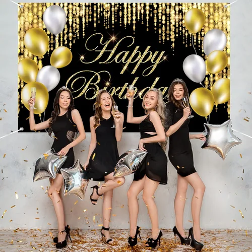 Vista 3 de Cartel de feliz cumpleaños negro y dorado con texto en inglés «It's My Birthday», telón de fondo para baby shower, fiesta interior y exterior
