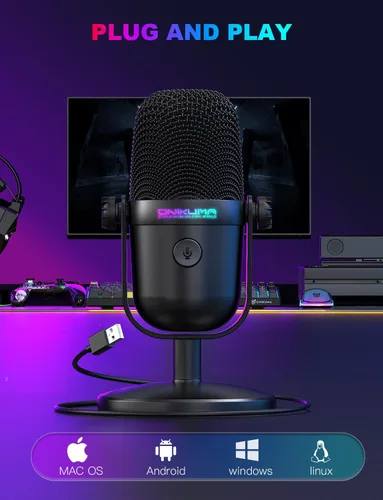 Vista 5 de Micrófono para juegos con cancelación de ruido y botón de silencio, micrófono de condensador USB para transmisión/grabación, diseño ultracompacto