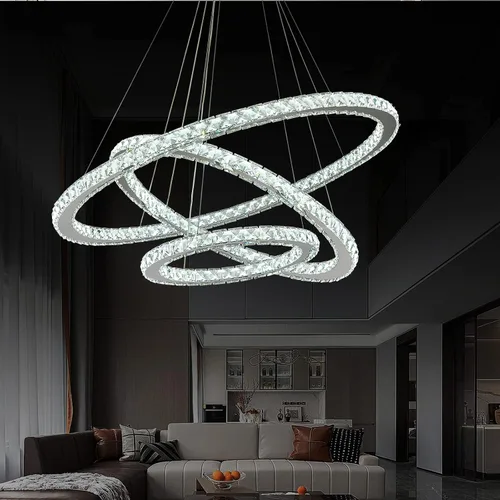Vista 10 de Siljoy Moderna lámpara de araña de cristal, 6 anillos, lámpara de techo LED con 3 colores, lámpara de techo alto para sala de estar, comedor