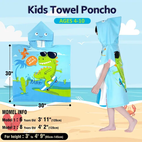 Vista 4 de growell Toallas de playa con capucha para niños - Toalla de baño para niños pequeños niñas niños, cubiertas de natación para niños de 4 a 10 años