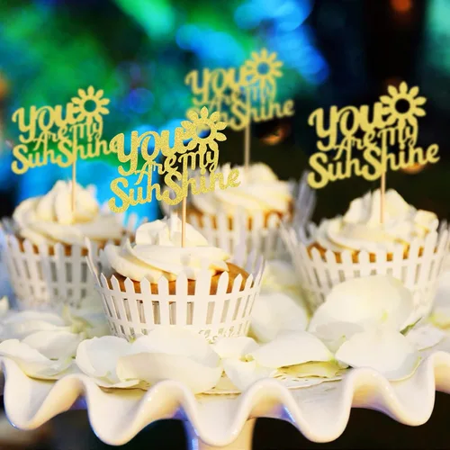 Vista 4 de 24 adornos dorados con purpurina para cupcakes con texto en inglés "You are My Sunshine", para baby shower, baby shower, revelación de género