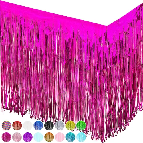 Vista 9 de allgala Faldones de mesa de oropel negro, paquete de 2 faldas de mesa de 29 x 108 pulgadas con flecos metálicos para fiestas, eventos, desfiles
