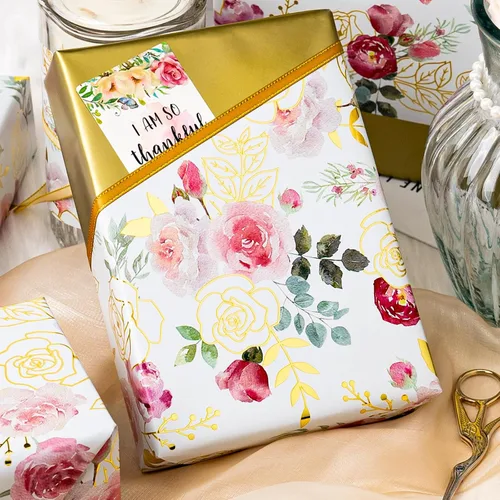 Vista 4 de Merture Rollo de Papel de Regalo con Rosas de Acuarela - 17 Pulgadas x 32.8 Pies (46.5 pies cuadrados) Papel de Regalo Floral de Papel Aluminio