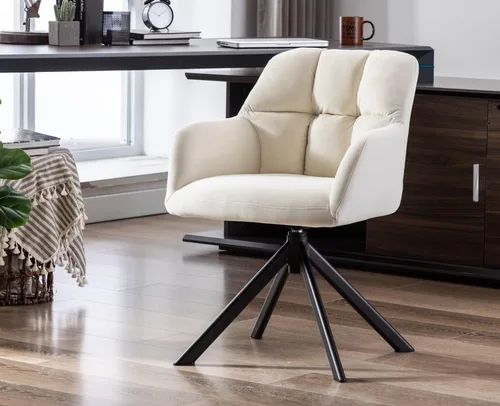 Vista 2 de EALSON Cómoda silla de escritorio de terciopelo moderna para computadora, sin ruedas, silla giratoria con brazo de respaldo medio para sala de Beige