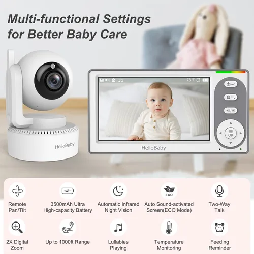 Vista 2 de HelloBaby Monitor de Bebé con Video de 4.3'' con Batería de 30 Horas, Monitor de Bebé con Pan-Tilt-Zoom Remoto Sin WiFi, Monitor de Bebé con Cámara