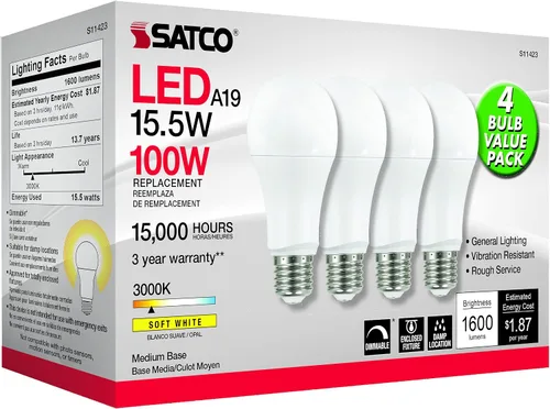 Vista 3 de Satco 15.5w 120v A19 LED E26 base mediana 1600 lúmenes 3000k (4 bombillas LED)