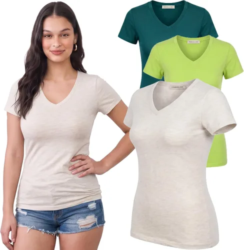 Vista 212 de Emmalise Camiseta de manga corta para mujer, cuello en V, tallas junior y plus