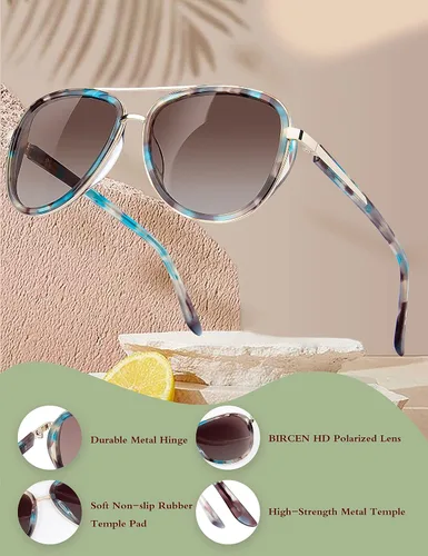 Vista 5 de BIRCEN Gafas de sol polarizadas para mujer con protección UV, persianas retro espejadas con marco de acetato BC2001