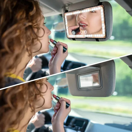 Vista 5 de Espejo de tocador para parabrisas del coche con luces, 2 piezas de accesorios de espejo de maquillaje recargable para coche, regalos de cumpleaños
