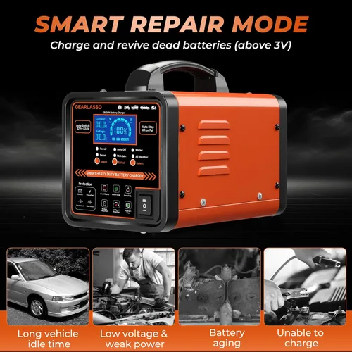 Vista 4 de Cargador de batería de coche de 12 V 24 V resistente, mantenedor de batería automático de 0-15 A con apagado automático, modo de reparación e