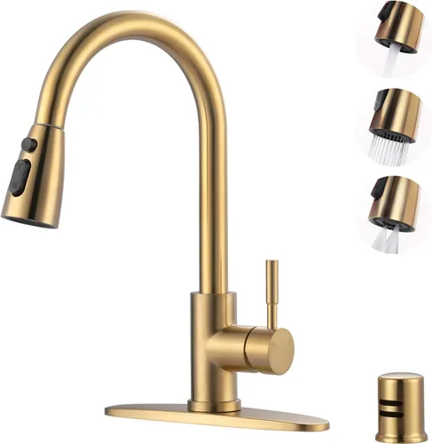 Vista 20 de WOWOW Grifo de cocina con rociador, grifo de fregadero de cocina, acero inoxidable SUS 304, grifo de cocina de níquel cepillado de arco alto