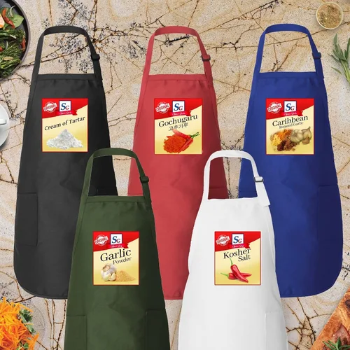 Vista 6 de Delantal de cocina con temática de especias, impermeable, ajustable, para cocinar y hornear, varios colores y diseños
