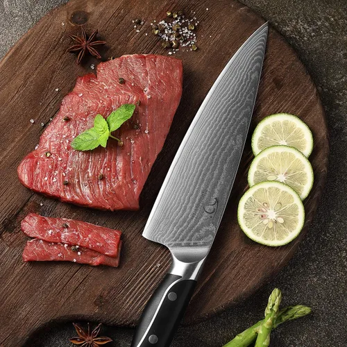 Vista 5 de NANFANG BROTHERS Cuchillo de chef de 8 pulgadas, 67 capas VG10 de acero de damasco, mango ergonómico de triple remache ABS antideslizante