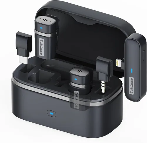 Vista 9 de Micrófono Lavalier inalámbrico 3 en 1 – Mini micrófono de solapa con adaptadores reemplazables compatible con cámara iPhone Android – Excelente