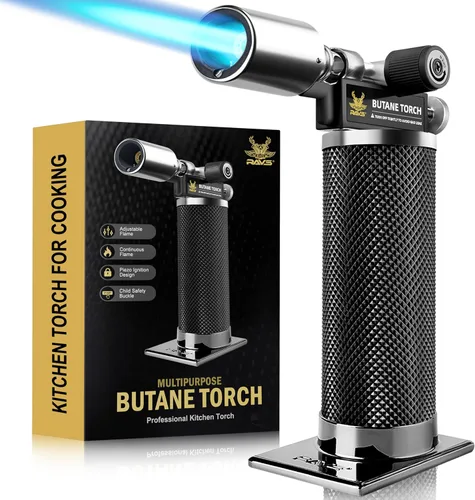 Vista 15 de RAVS Encendedor de butano, soplete de cocina recargable con llama ajustable y hebilla de seguridad, mini linterna de metal premium para hornear