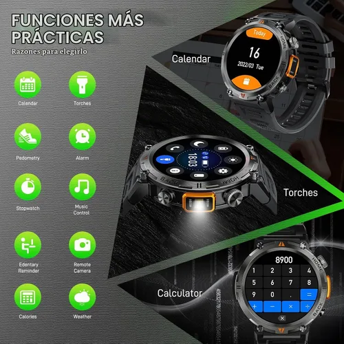 Vista 5 de Reloj inteligente militar para hombres con linterna LED 1.45 "HD Bluetooth
