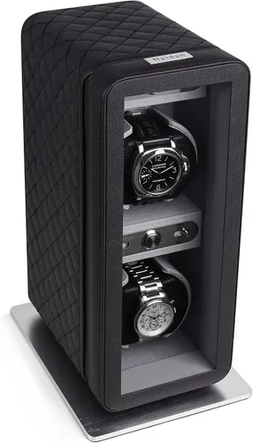 Vista 2 de Heiden Monaco - Bobinadora de reloj doble en cuero negro, funciona con pilas o adaptador de CA, 12 ajustes de programa, cuero vegano cosido
