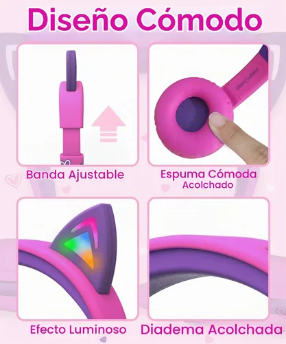 Vista 2 de FosPower Audífonos para niños con orejas de gato LED (límite de volumen seguro de 85dB), audífonos con cable suave de 3.5mm con orejeras y cables